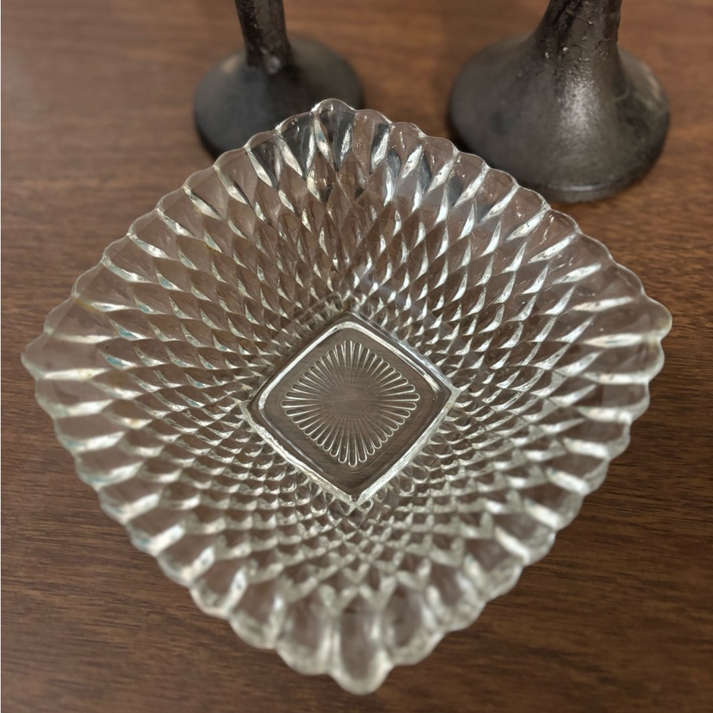 Vintage Indian Glass Diamond Point Square Candy or Serving Dish